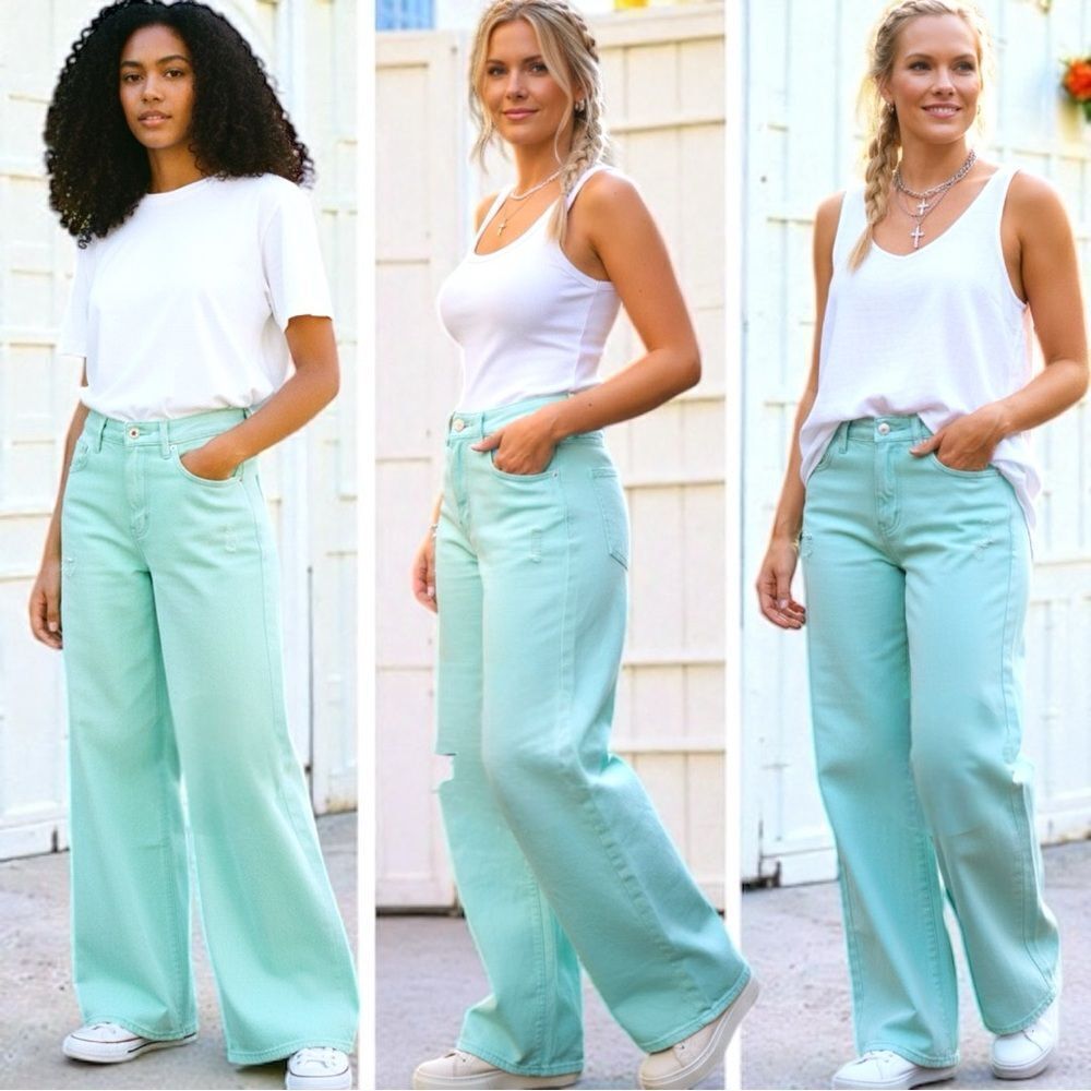 Mint Blue High Rise Distressed Wide Leg Jeans NWT | American Bazi - Picture 2 of 16